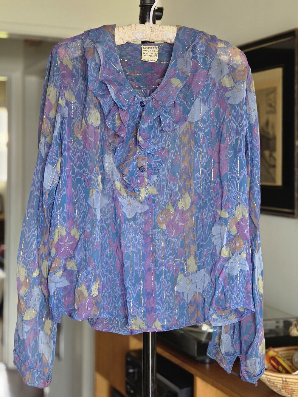 Georgette Vintage Sheer Floral Ruffle Blouse